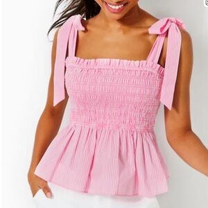 Lilly Pulitzer Rivera Smocked Seersucker Striped Havana Pink, Size Large *NWOT